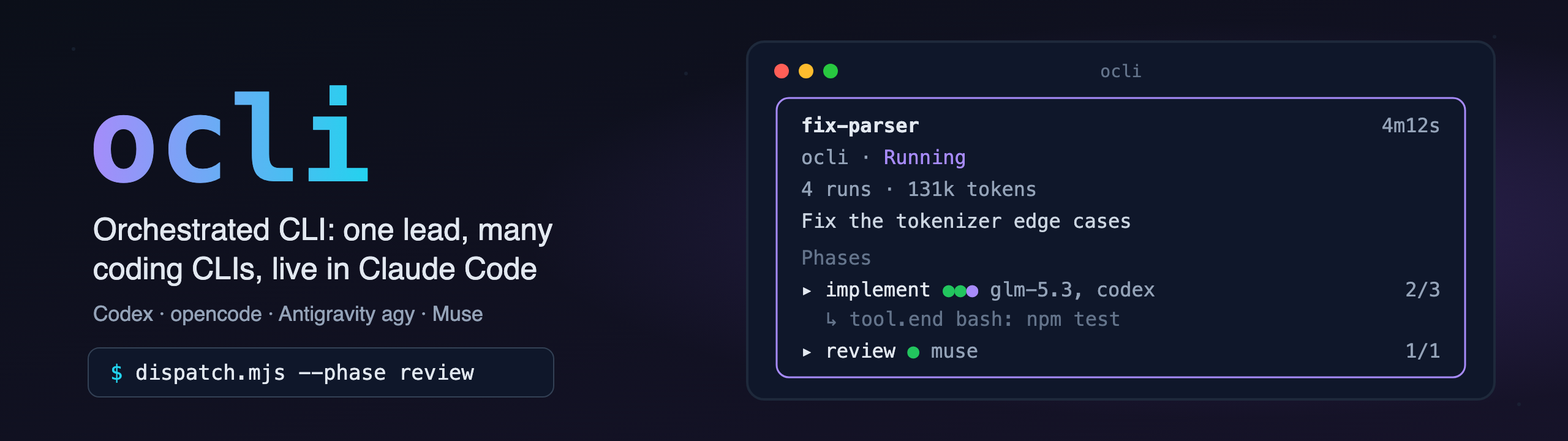 ocli banner: Orchestrated CLI, headless coding CLIs live in Claude Code