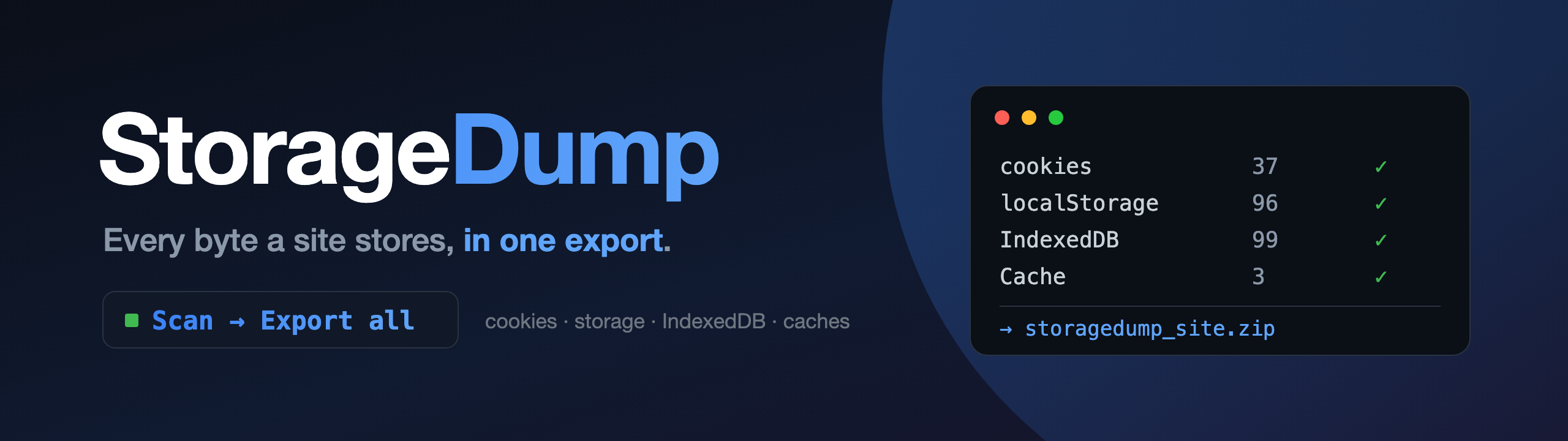 StorageDump — Every byte a site stores, in one export